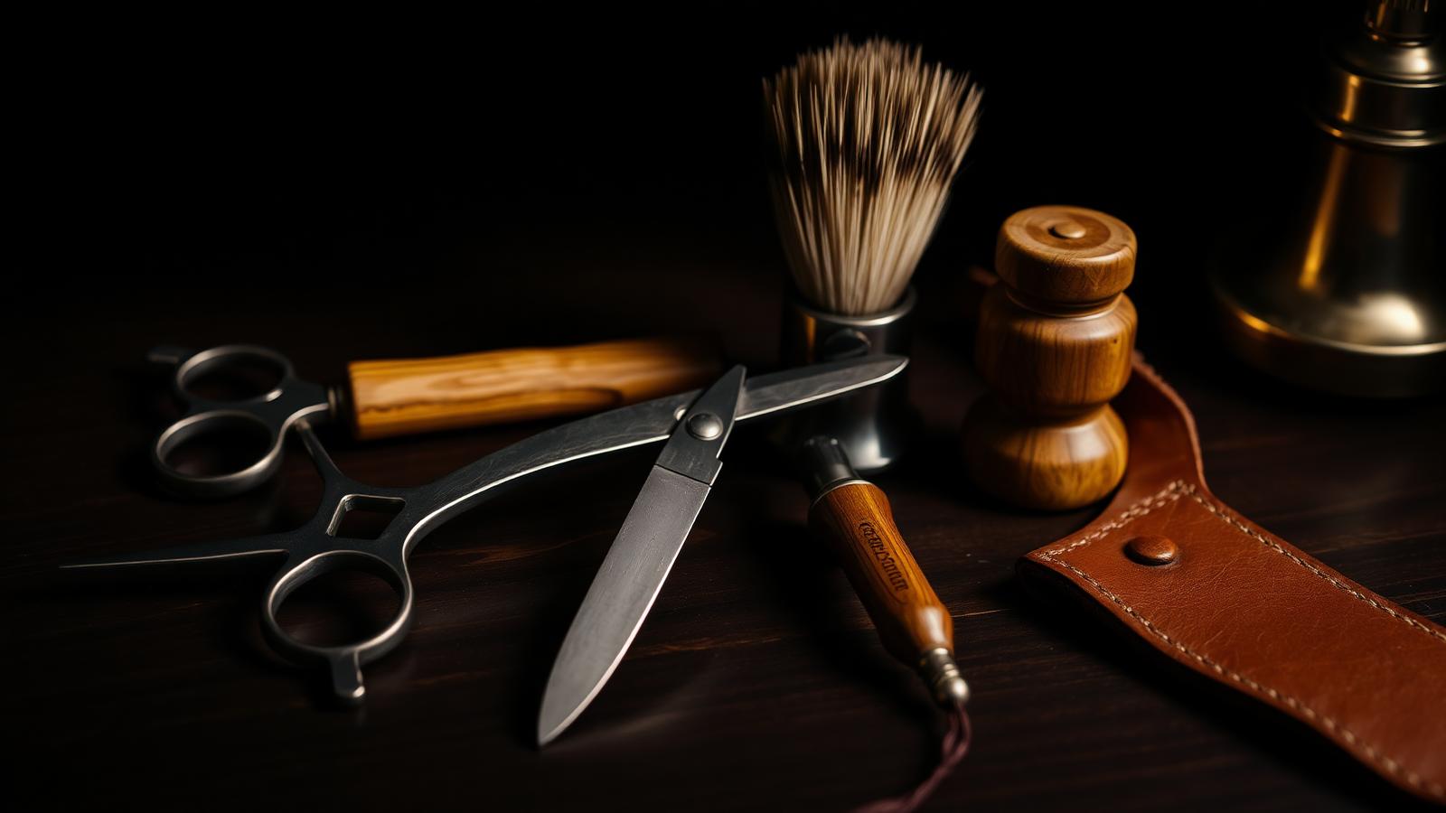 Herramientas clásicas de barbería sobre madera oscura